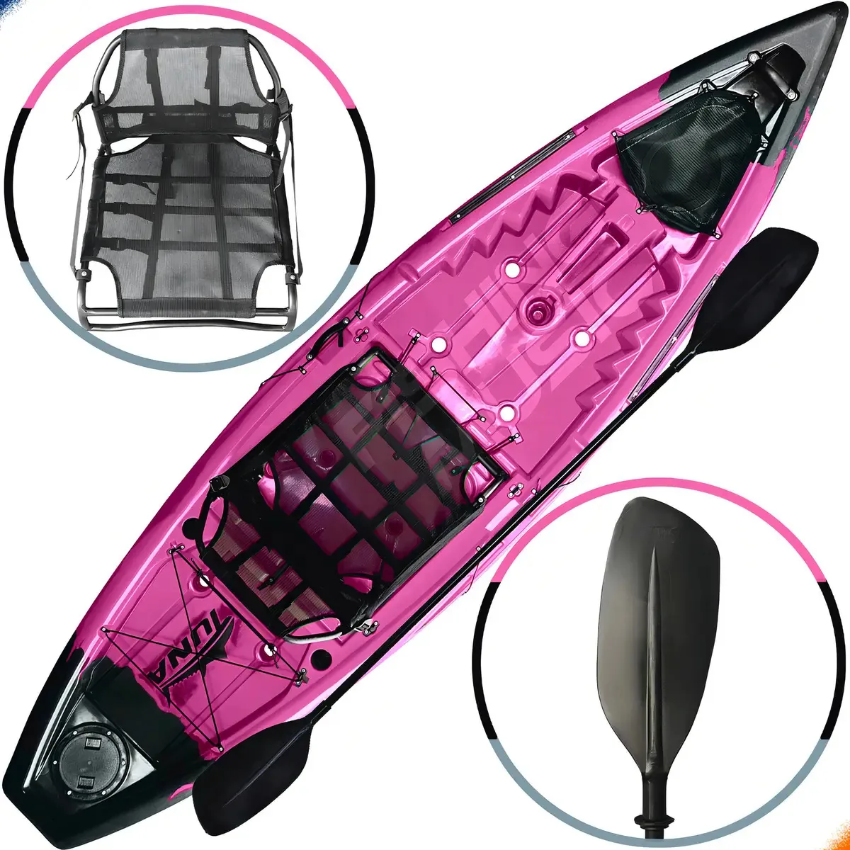 Caiaque de Pesca Tuna Pro Rosa/Preto com Remo e Cadeira Hidro2Eko