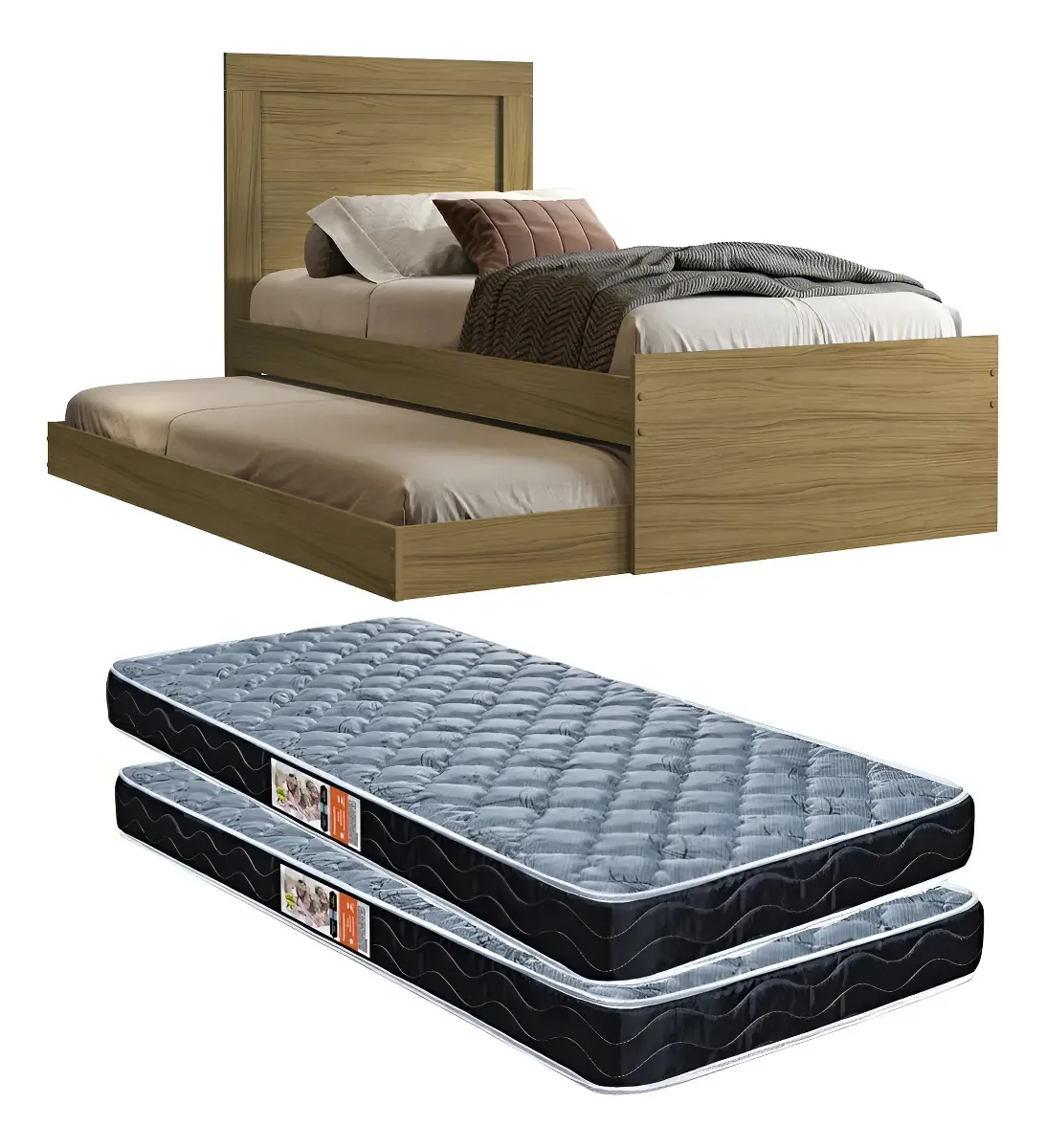 Cama Solteiro Bibox Bicama Luara Com 2 Colchões Incluso Cor Freijó Lizo