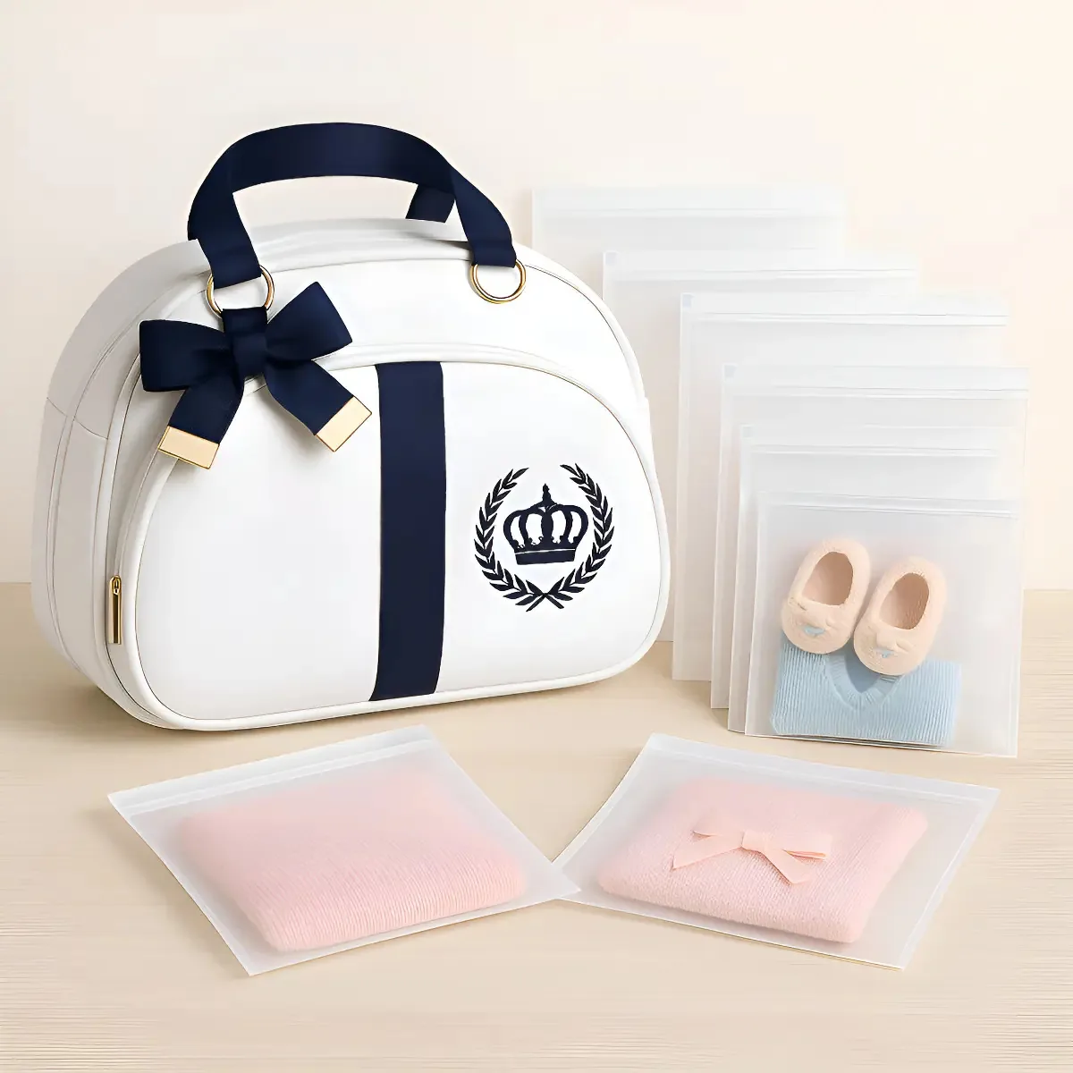Bolsa Maternidade Com Organizador Kit Bolsa Bebê Com Sacos Cor Marfim/azul Marinho Coroa