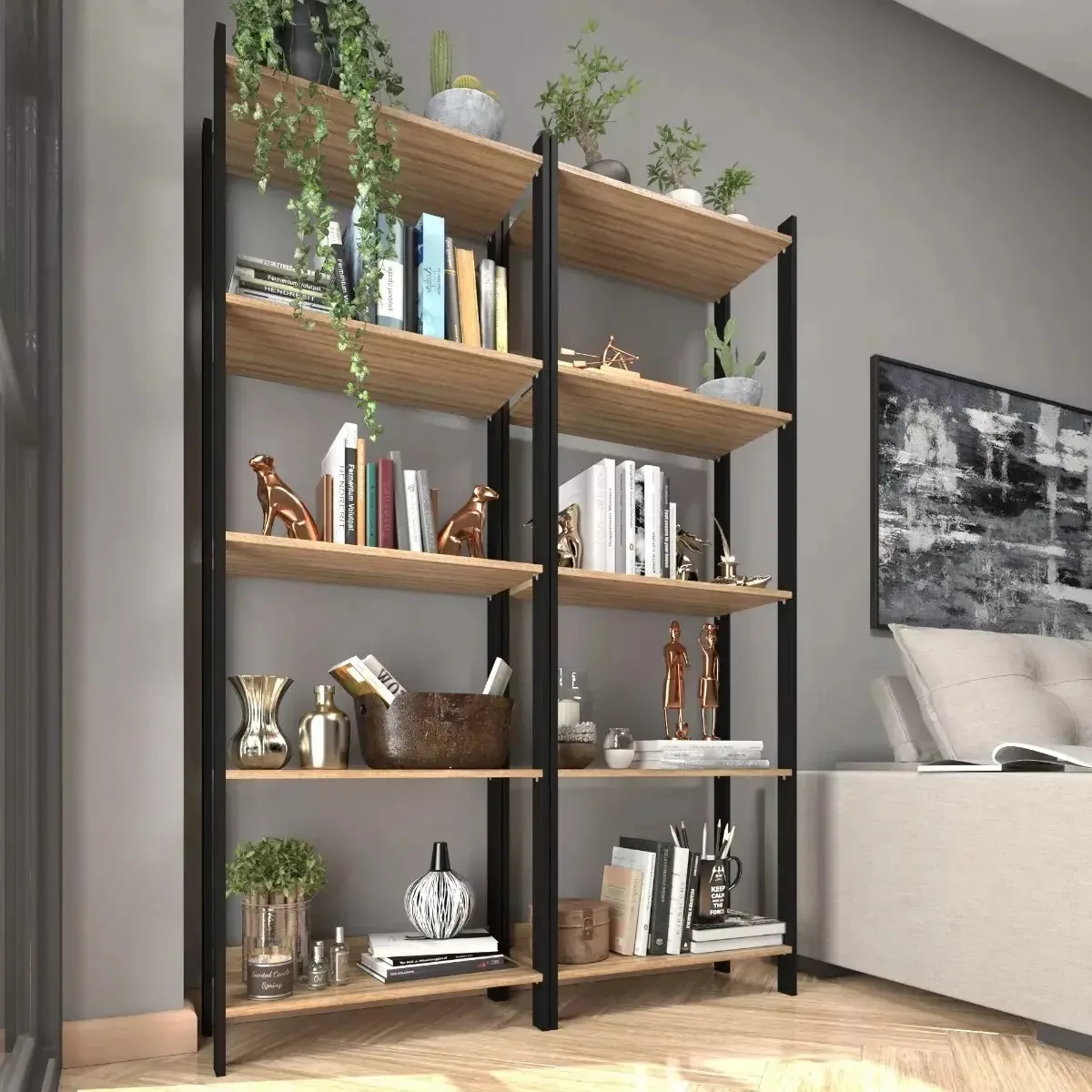 Kit Com 2 Estantes P/ Organizar Livros Decoração Industrial Cor Laminado com Preto