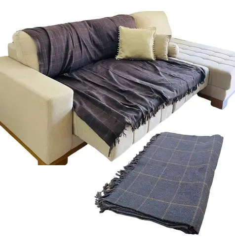 Manta Sofá 180x240 Proteção E Decoração Luxo 100% Algodão Cor Cinza e caramelo Desenho Manta para sofá quadriculada
