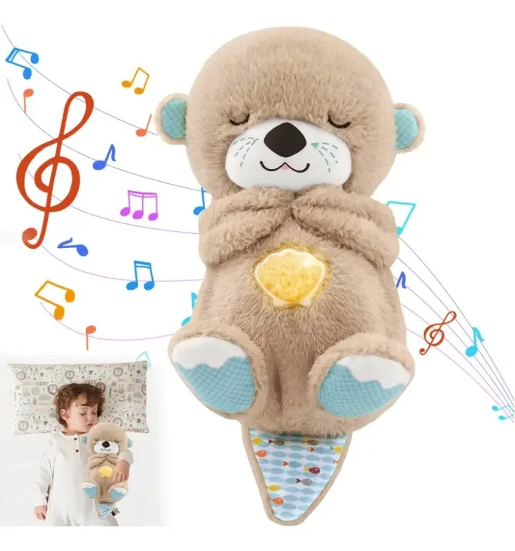 Pelúcia para respirar lontra com música, luzes e movimentos respiratórios, pelúcia leve e confortável para dormir, adequada para crianças relaxarem e dormirem (lontra cáqui)