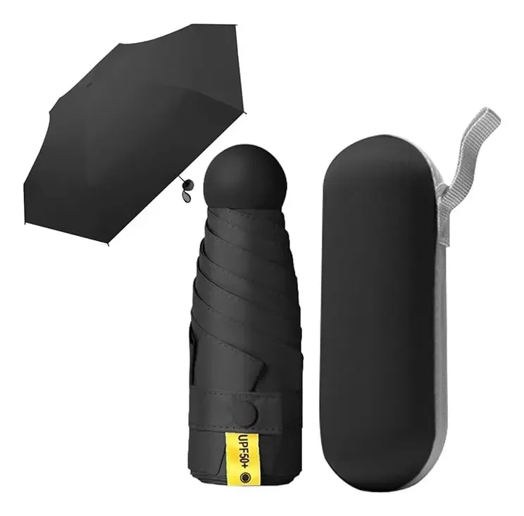 Guarda-chuva de bolso para chuva e sol, mini guarda-chuva dobrável com proteção UV, resistente ao vento e à chuva, leve e portátil com estojo para transporte diário em uma bolsa ou mochila cor preta