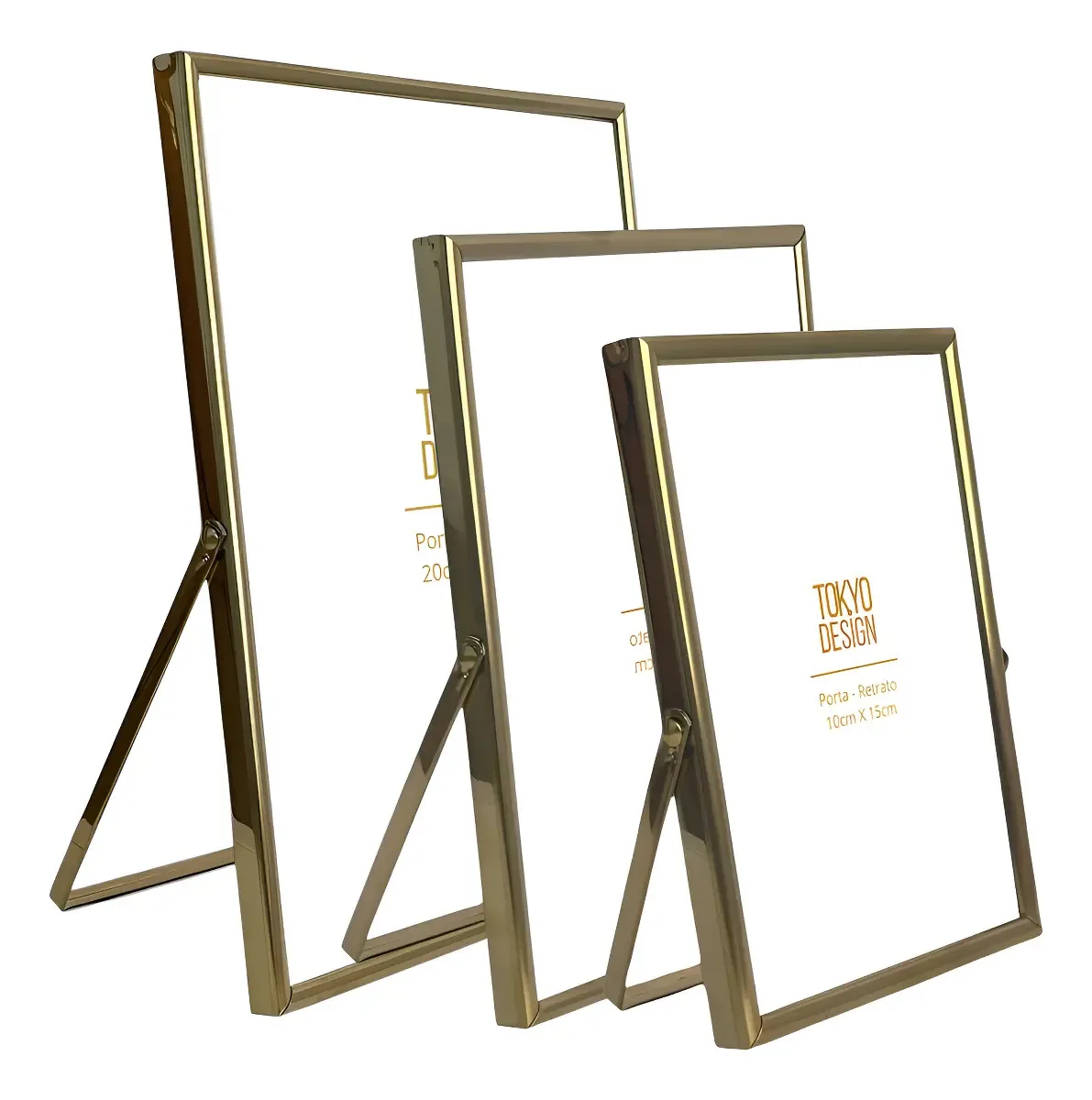Kit 3 Porta Retratos Moldura Flexivel Metal E Vidro Cor Dourado
