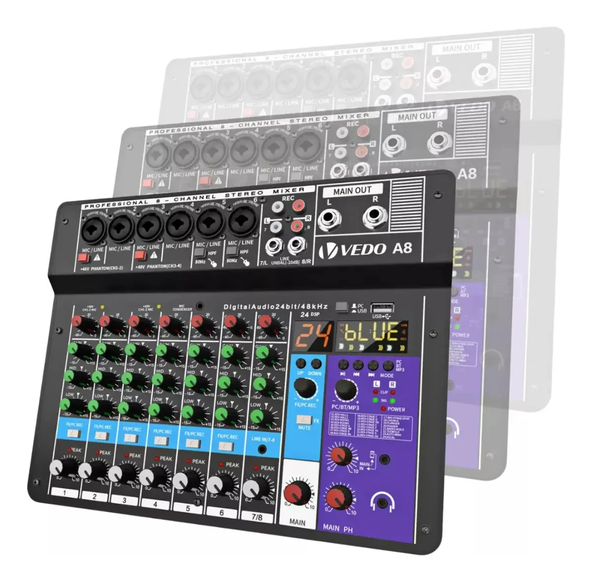 Mesa de Som Digital Blutu Teyun A8 8 Canais Bluetooth USB