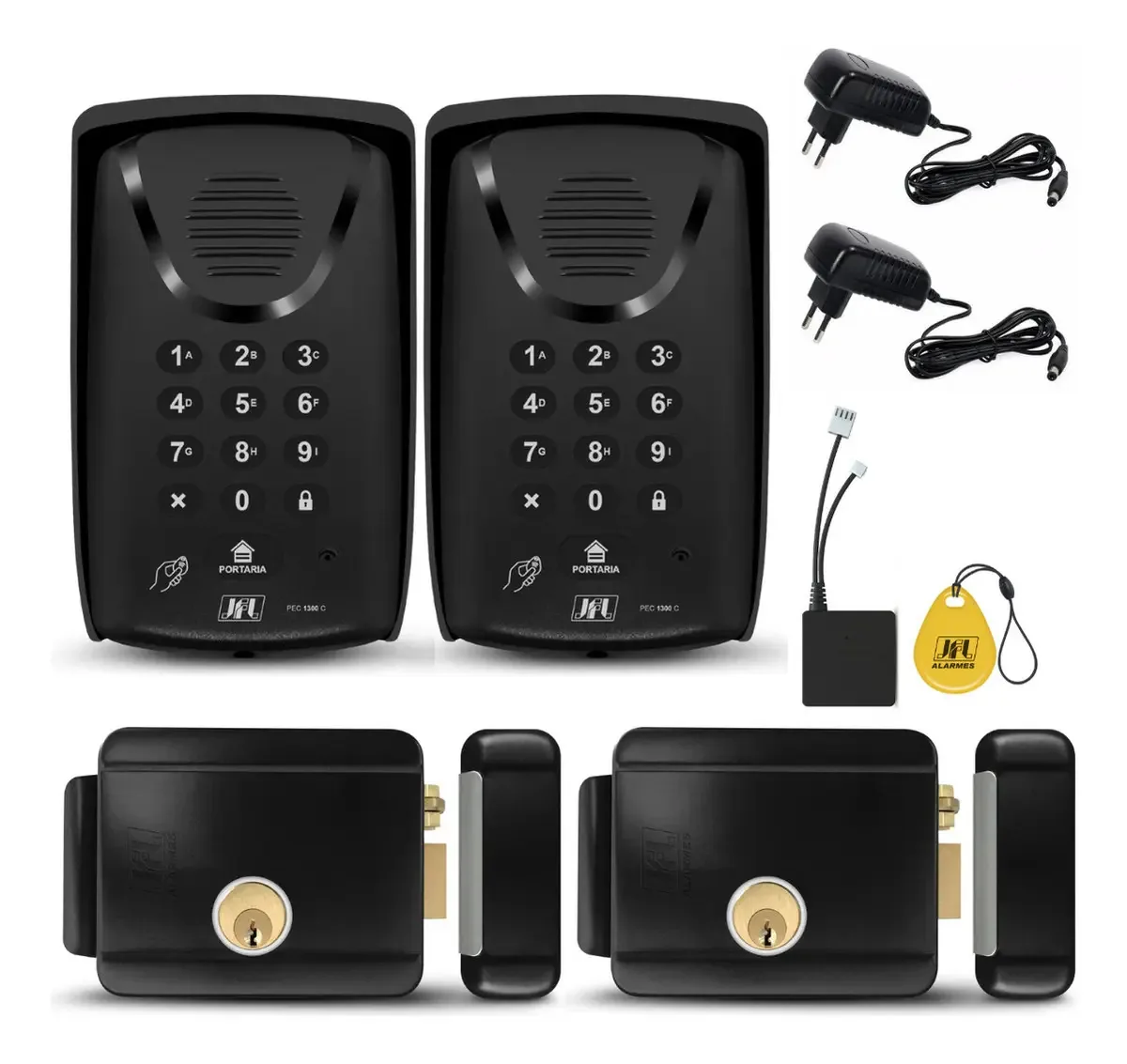 Kit Porteiro Eletrônico JFL com 2 Aparelhos, Fechaduras e 700 Chaveiros RFID