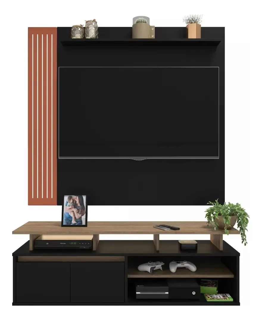 Estante Rack Estilo Industrial Conjunto Estante Painel Tv Cor Preto Com Lâmina