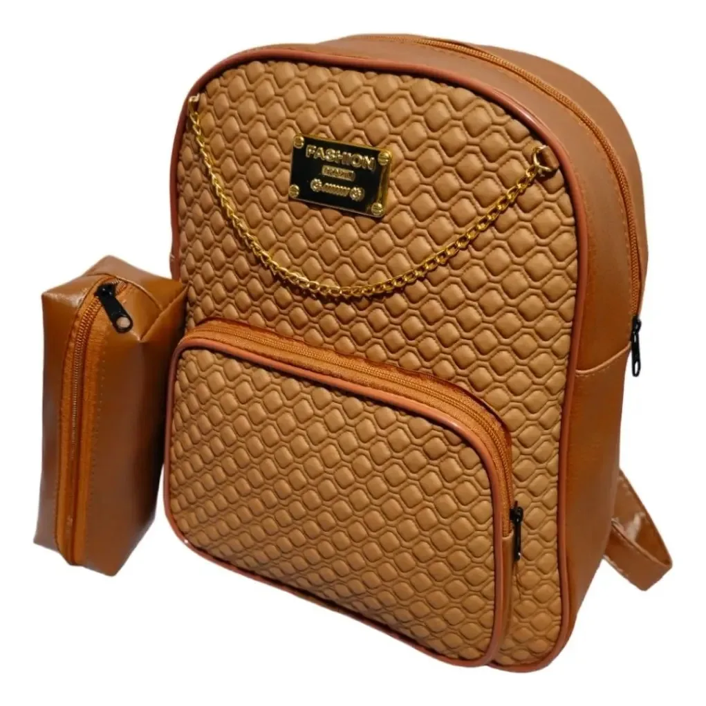 Mochila Feminina Com Corrente Escolar E Passeio Estojo Cor Caramelo Desenho Do Tecido Liso