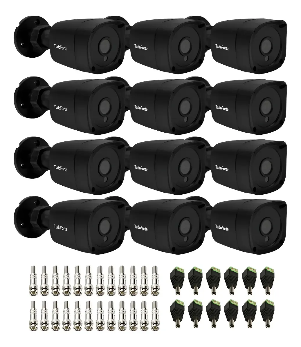 12 Câmeras Bullet Black Visão Noturna 20m + Plugs Preto