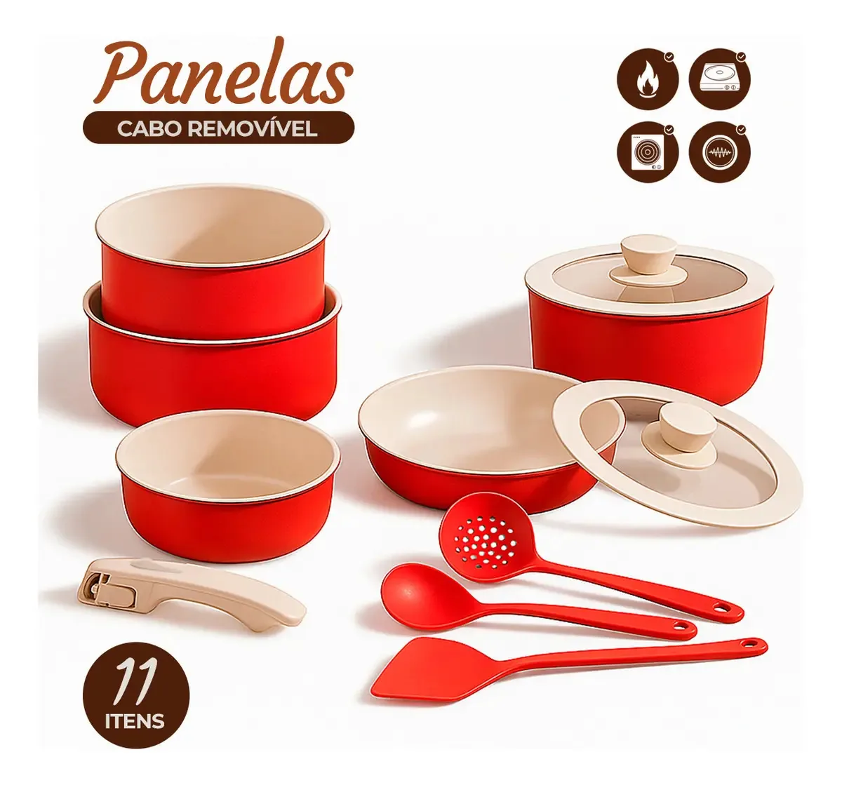 Jogo Panelas 11 Pçs Antiaderente Cabo Removível Tampa Vidro 3 Colheres De Silicone Cozinha Familar Fogao Indução Frigideira Frita Sem Oleo A Vapor