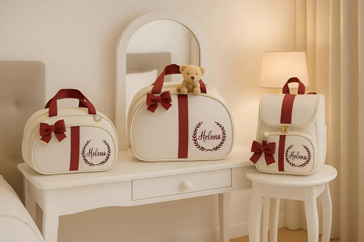 Kits Bolsas Malas Maternidade Mochila 2em1 Personalizada Cor Bordô Desenho Do Tecido Linho