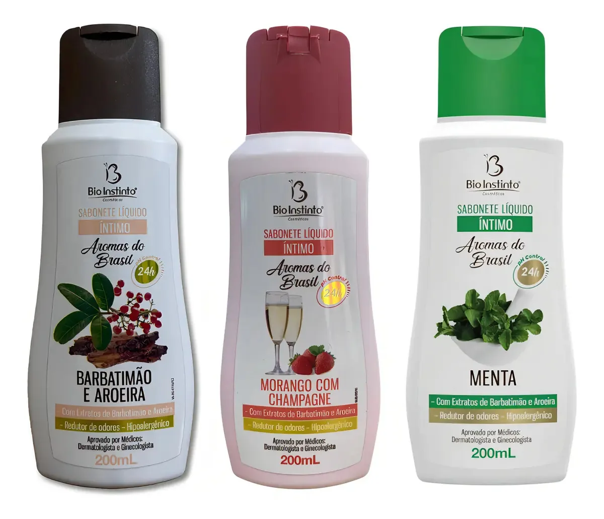 Kit 3 Sabonetes Íntimos Barbatimão, Morango E Menta 200ml