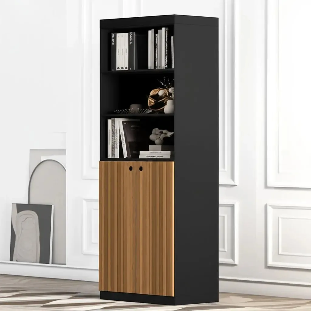 Estante Para Livros E Decoração Armario Organizador Escritorio Livreiro Com Portas E 5 Prateleiras Siena Luxo Preto Ripado