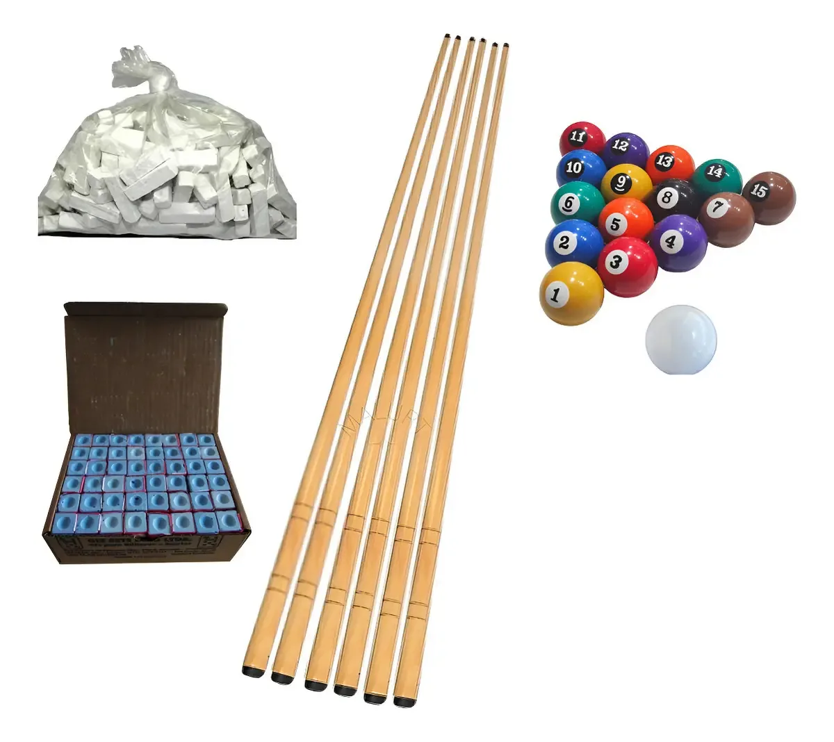 Kit Sinuca MALURT 6 Tacos 1.45m Madeira + Bolas 50mm + Giz Azul/Branco