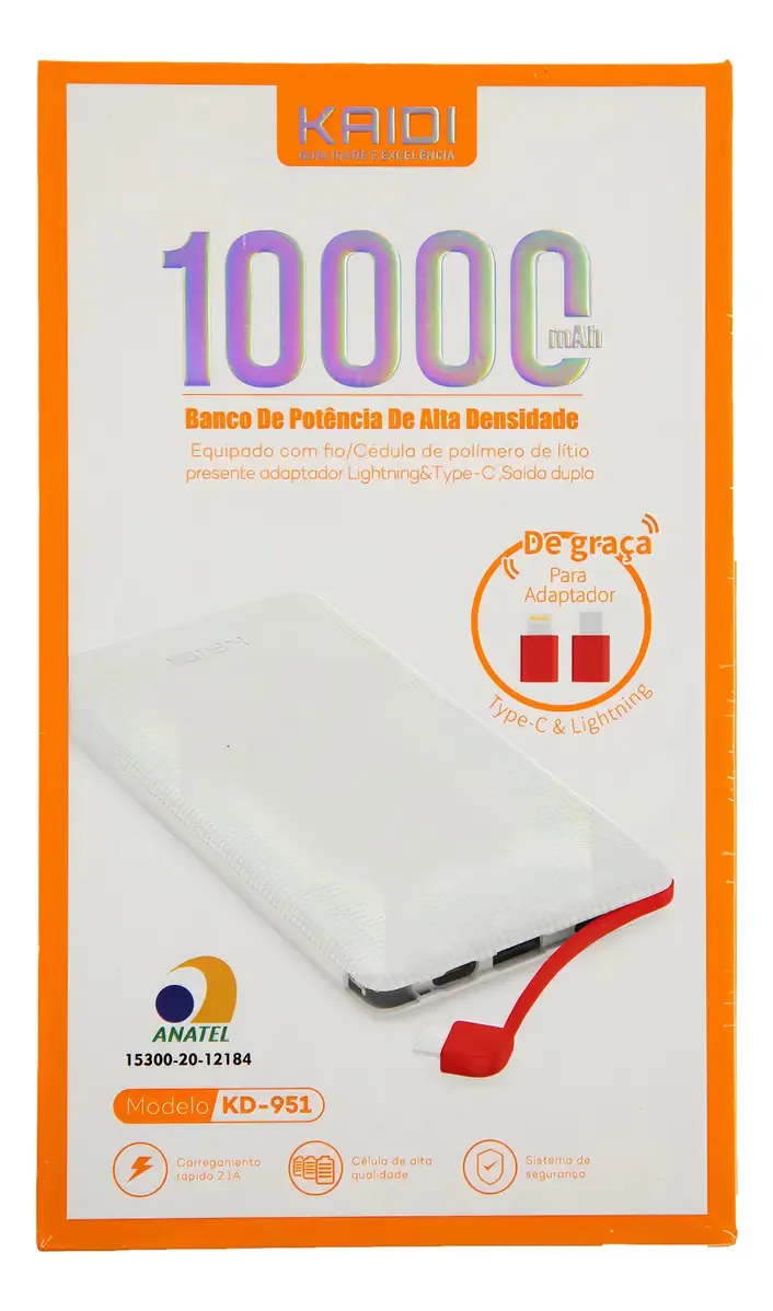 Carregador Portátil Kaidi Power Bank 10.000mah + Adaptador Cor Branco