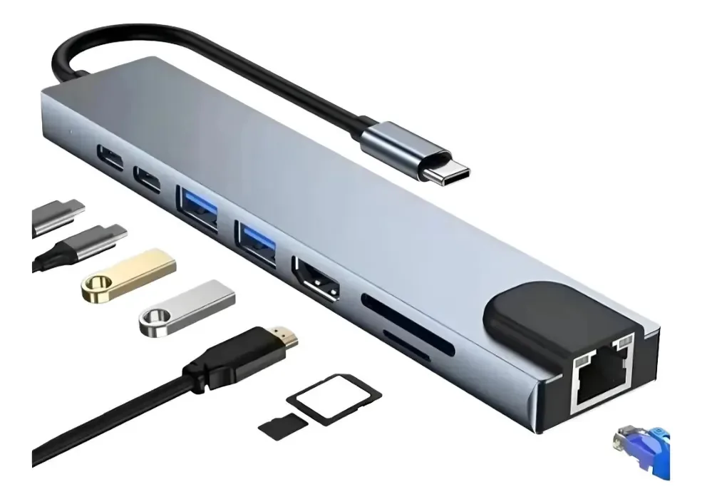 Hub Adaptador 8x1 Extensor Usb Hdmi Entradas Portátil Cinza