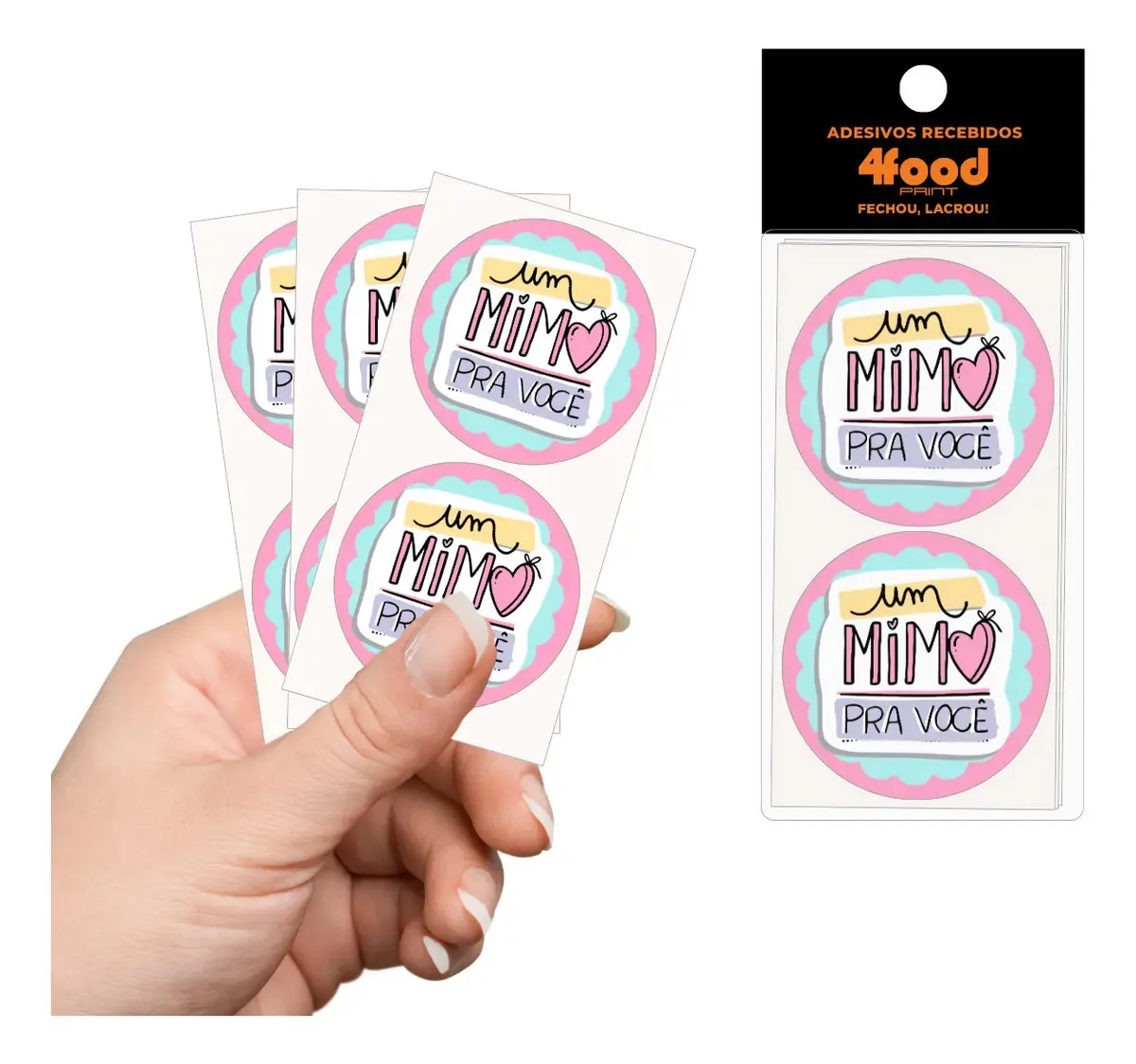 Adesivos Decorativos 4cm - 50 Pacotes (2500 Unid) - Mimo Cor Rosa Desenho impresso Mimo Rosa com Azul