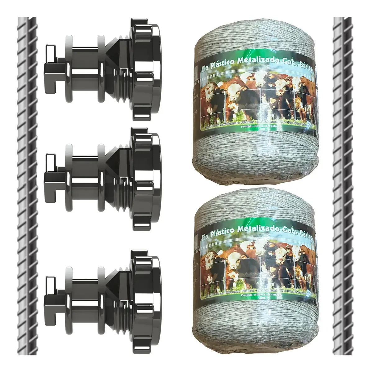 Kit Cerca 15 Vergalhão 1,50m 8mm 5/16 Isolador Uv 500m Fio