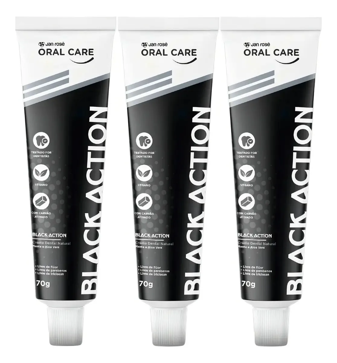 Kit 3un Creme Dental Vegano Black Carvão Ativado Menta Aloe