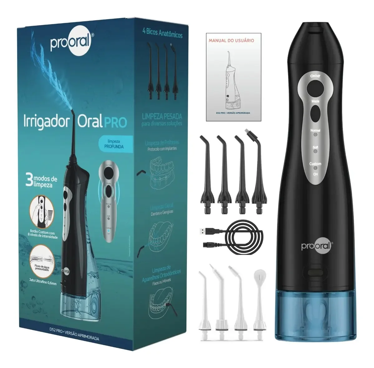 Irrigador Oral Prooral D52 PRO Portátil Recarregável Usb Com 8 Bicos Para Aparelho Dentário Implantes E Prótese Higiene Bucal Profunda