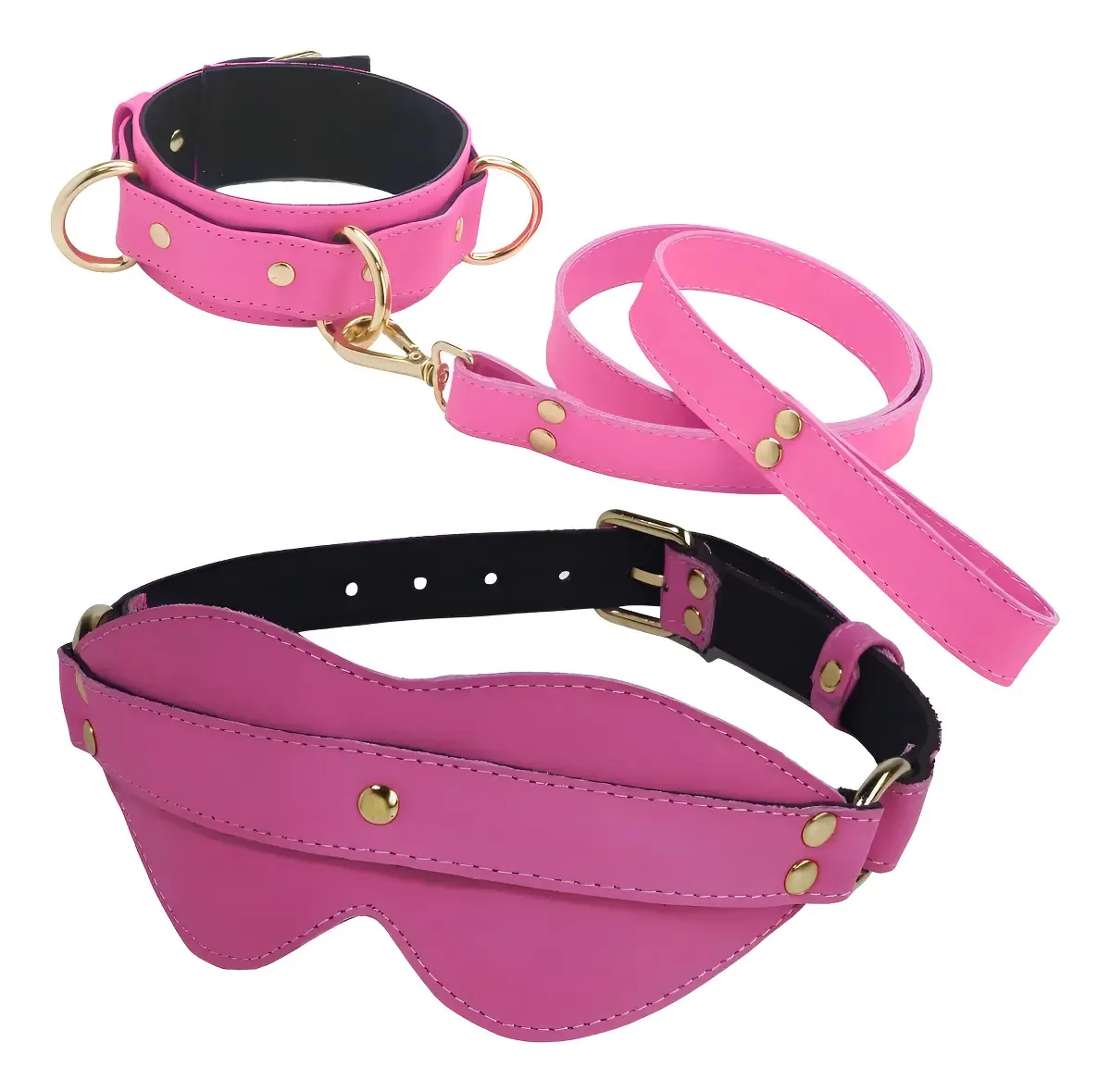 Kit BDSM Couro Legítimo Rosa Coleira Guia Venda Artigos Eróticos 3 Peças