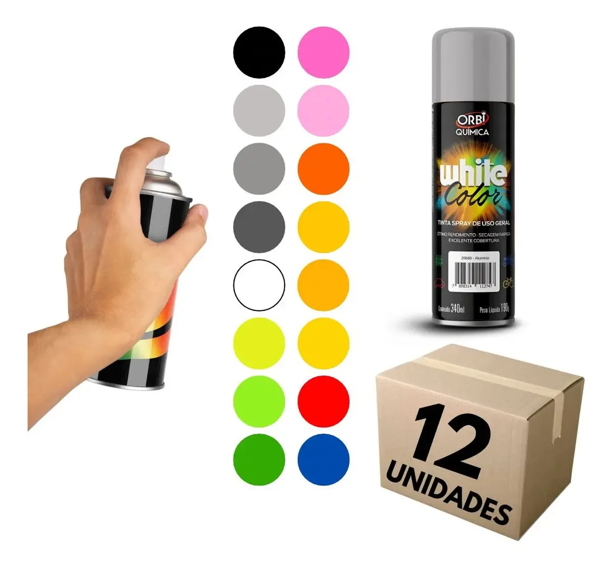 Kit 12 Tintas Spray Orbi Química Uso Geral Alumínio 340ml Secagem Rápida
