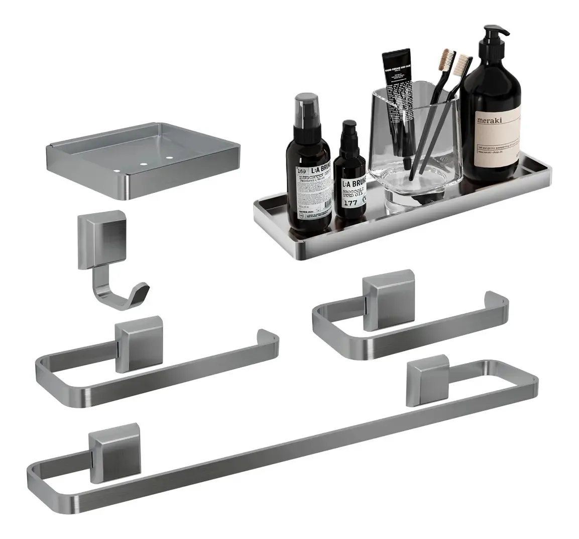 Kit Acessórios Para Banheiros Completo C/ Porta Shampoo Inox Cor Prateado