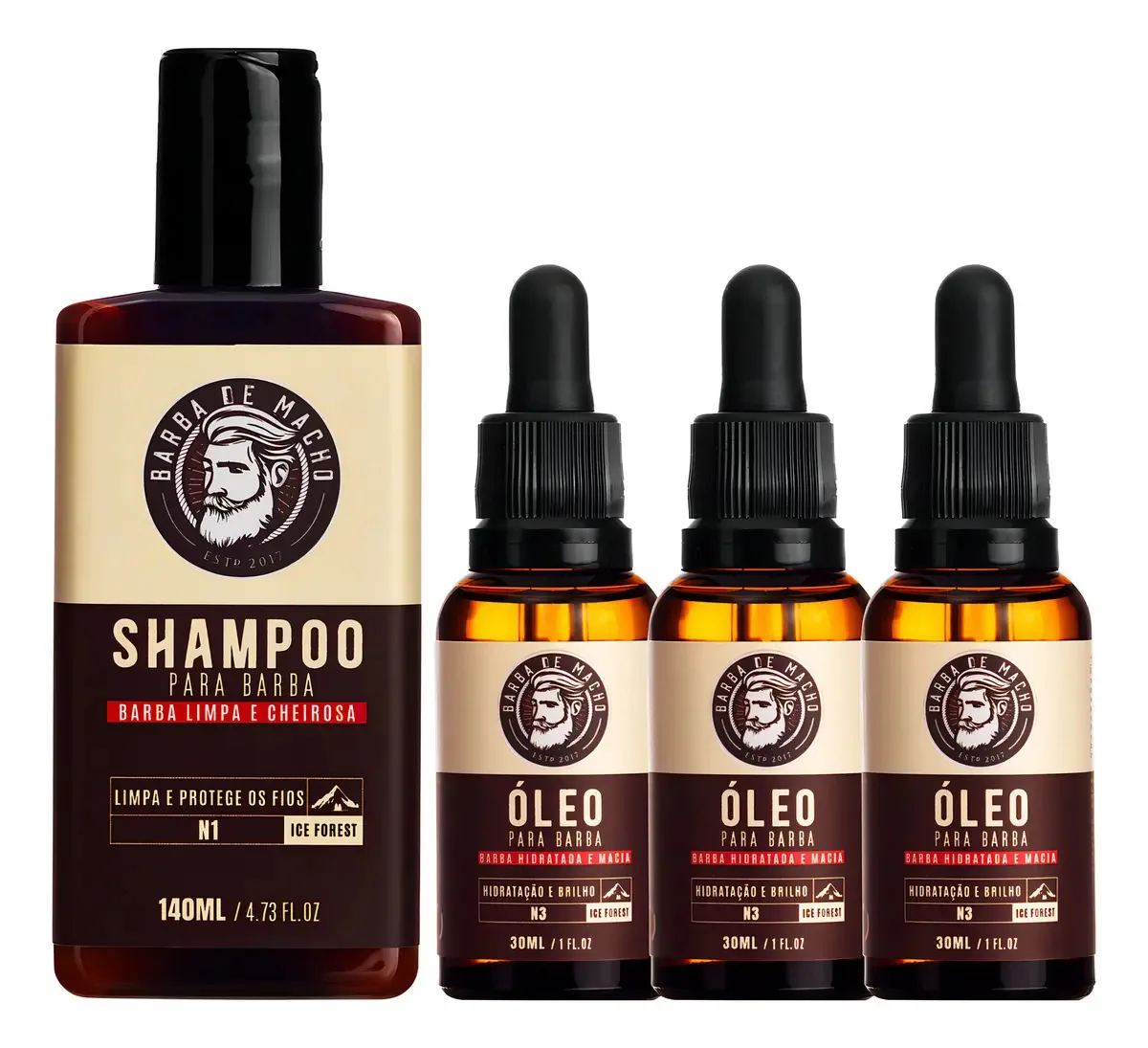 Kit Barba De Macho: Shampoo Ice Forest e 3 Óleos Hidratantes Para Barba