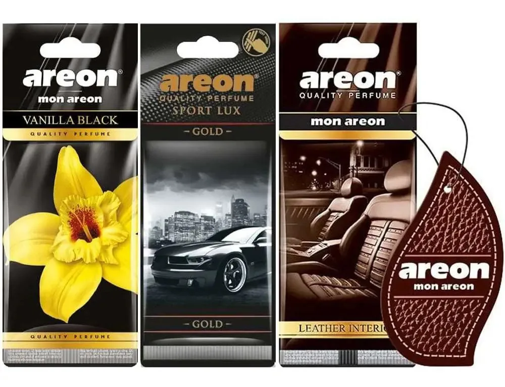 Kit 3 Aromatizantes Automotivos Areon de Papel: Vanilla Black, Sport Lux Gold e Leather para Carro