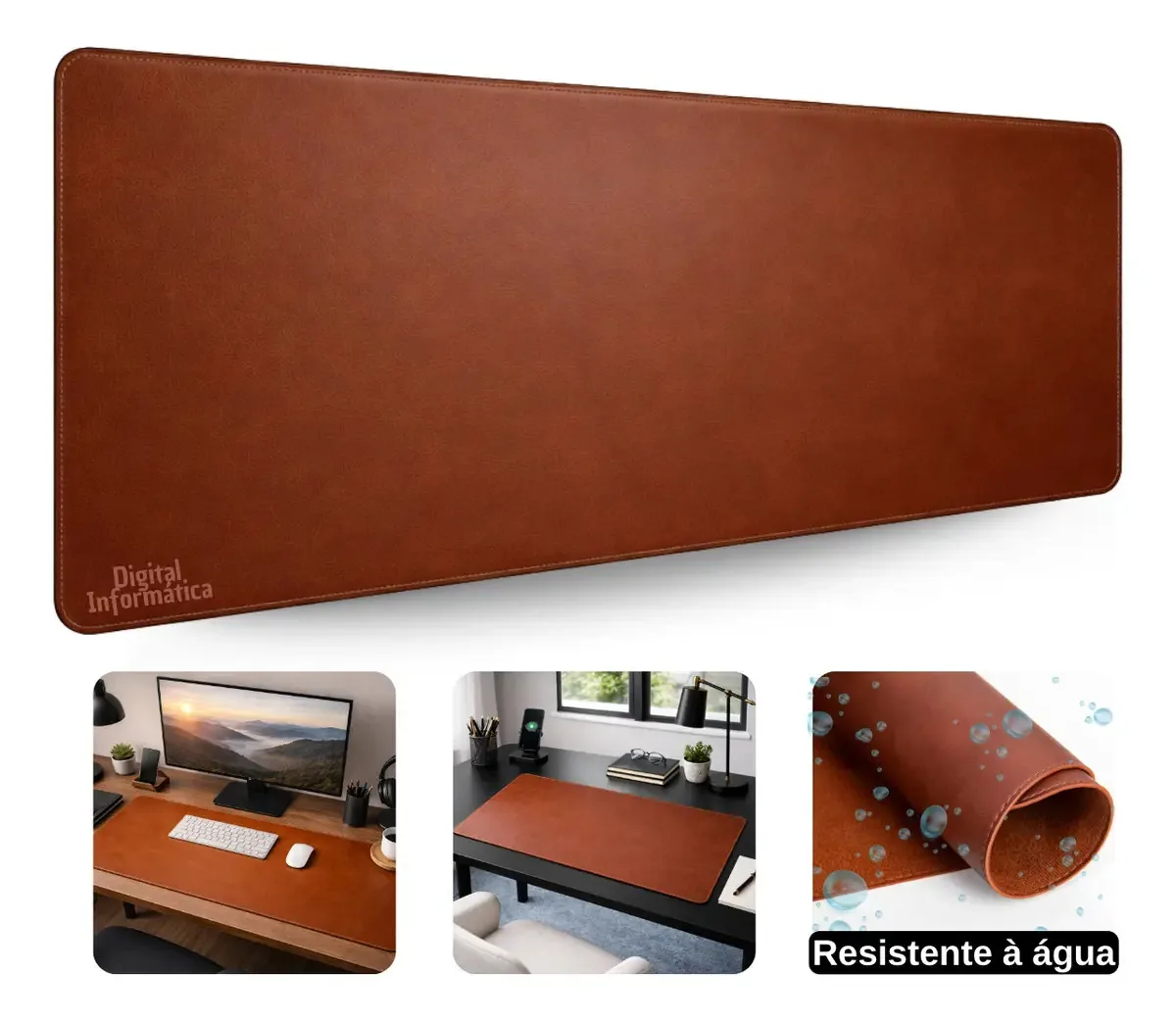 Mouse Pad Gamer Grande Couro Ecológico Desk Pad Office Antiderrapante Speed Profissional 90x40 Cor Marrom Digital Informatica