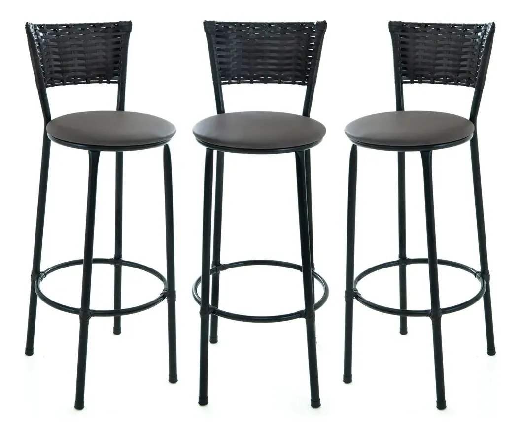 Kit 3 Banqueta Alta Estilo E Conforto Encosto Junco Tabaco Cor Marrom