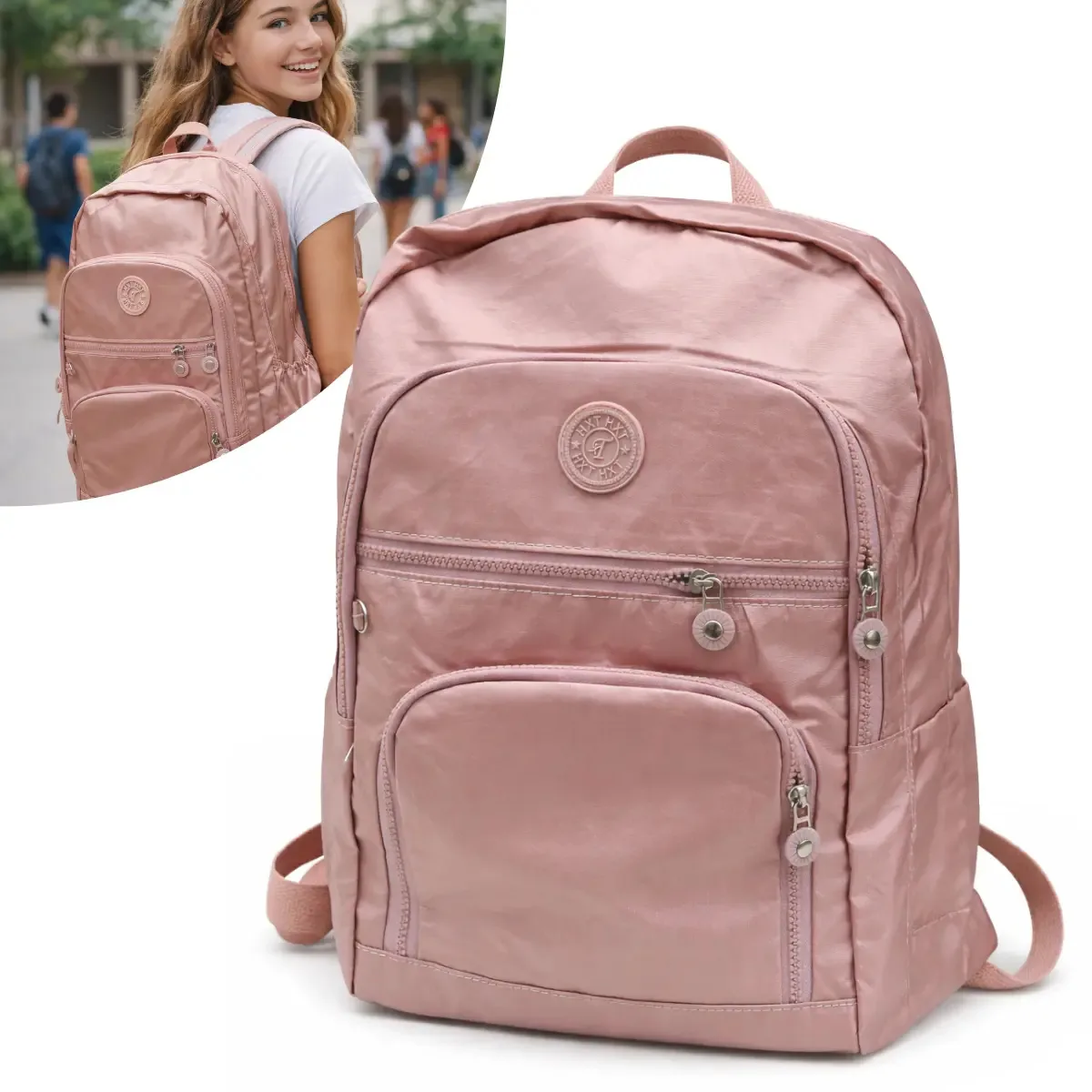Mochila Escolar Feminina Costas Faculdade Trabalho Capacidade Grande Reforçada Cor Rose Gold Metalizada Digital Informatica