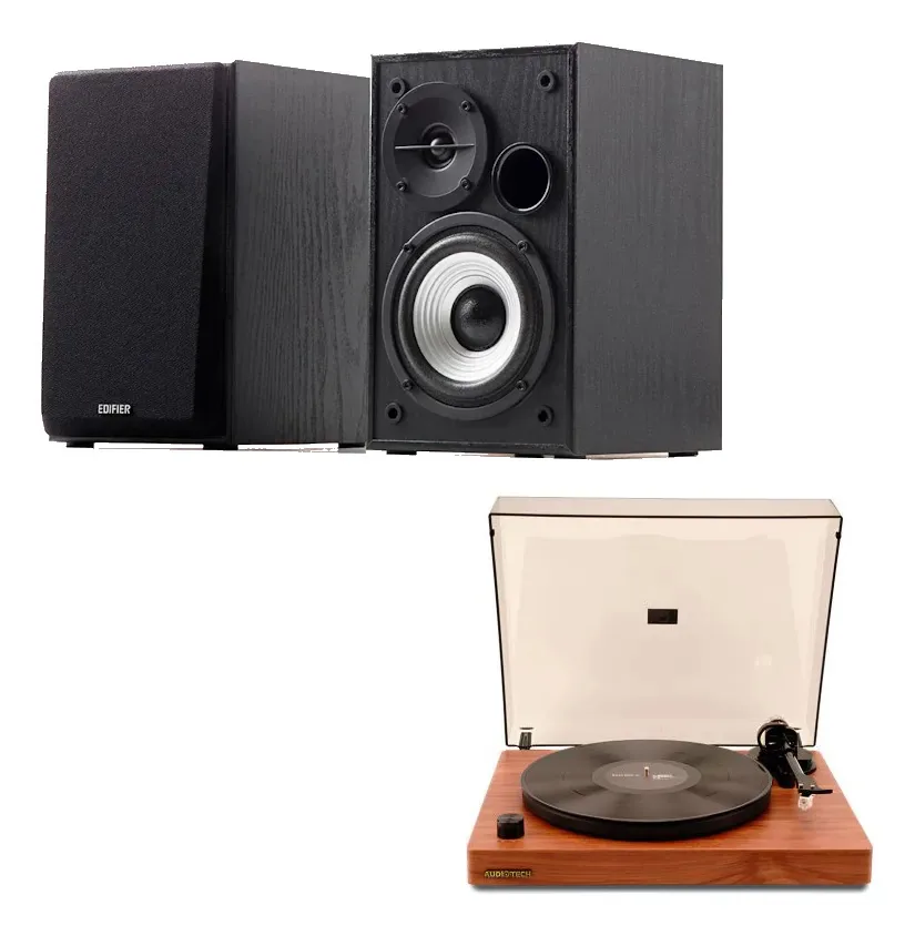 Kit Toca-discos Vinil Madeira + Monitor R980t Edifier Marrom