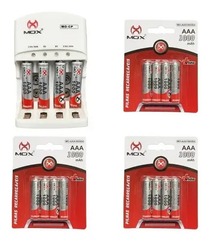 16 Pilhas Recarregáveis Aaa Palito + Carregador Rápido Mox