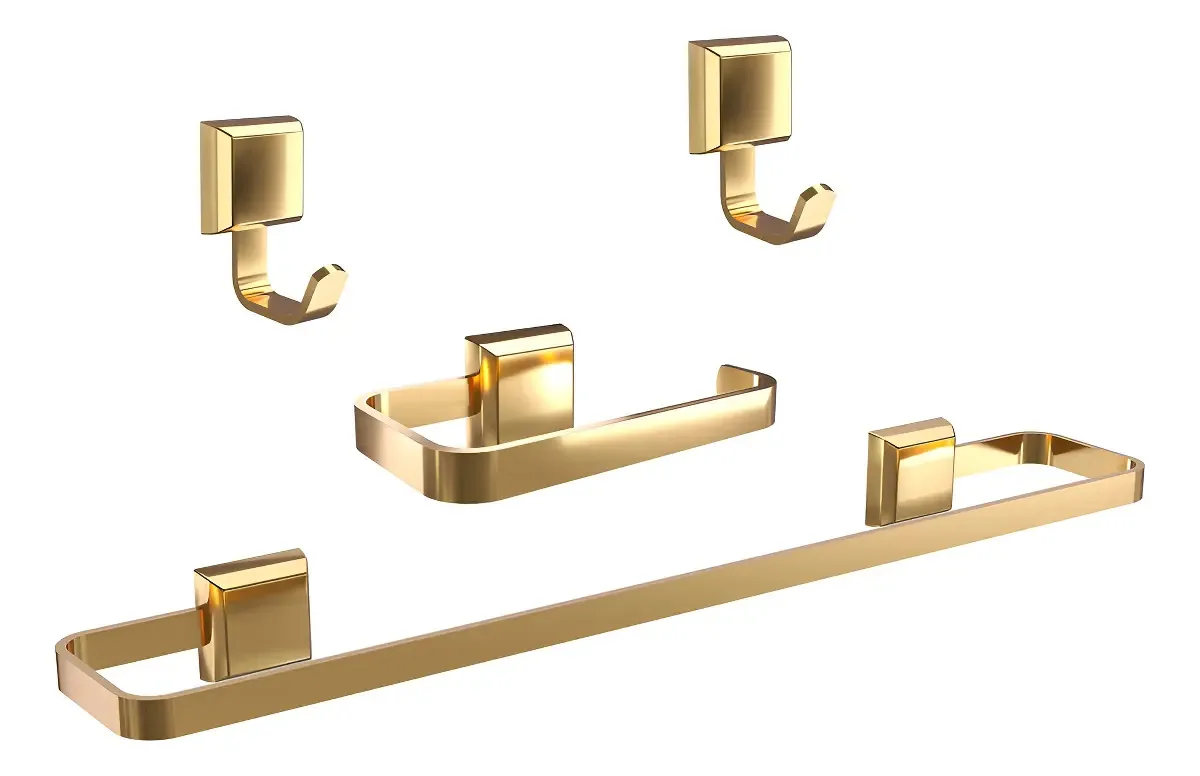 Kit Acessórios Para Banheiros Lavabo Quadrado Parede Luxo Cor Dourado
