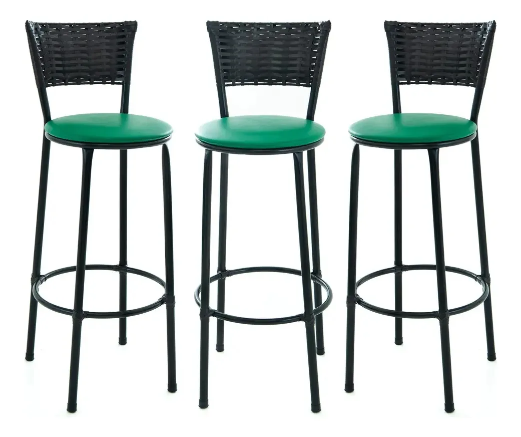 Kit 3 Banqueta Alta Estilo E Conforto Encosto Junco Tabaco Cor Verde