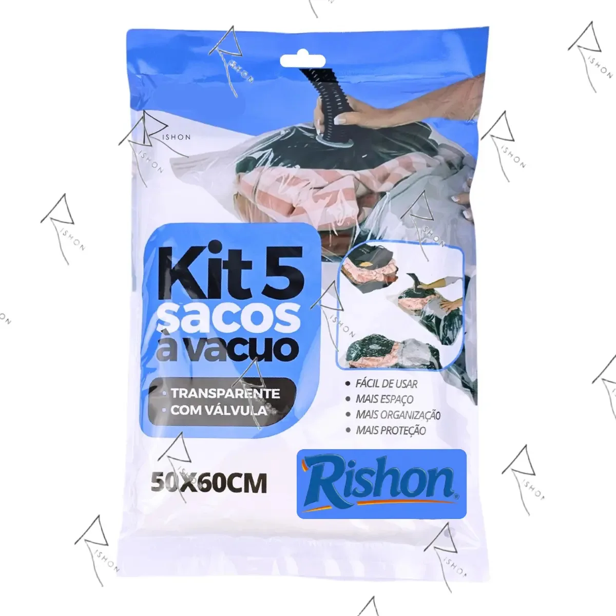 Kit 5 Saco À Vacuo Rishon Ultra Resistente 50x60cm Otimização De Espaço Garantia Vitalicia