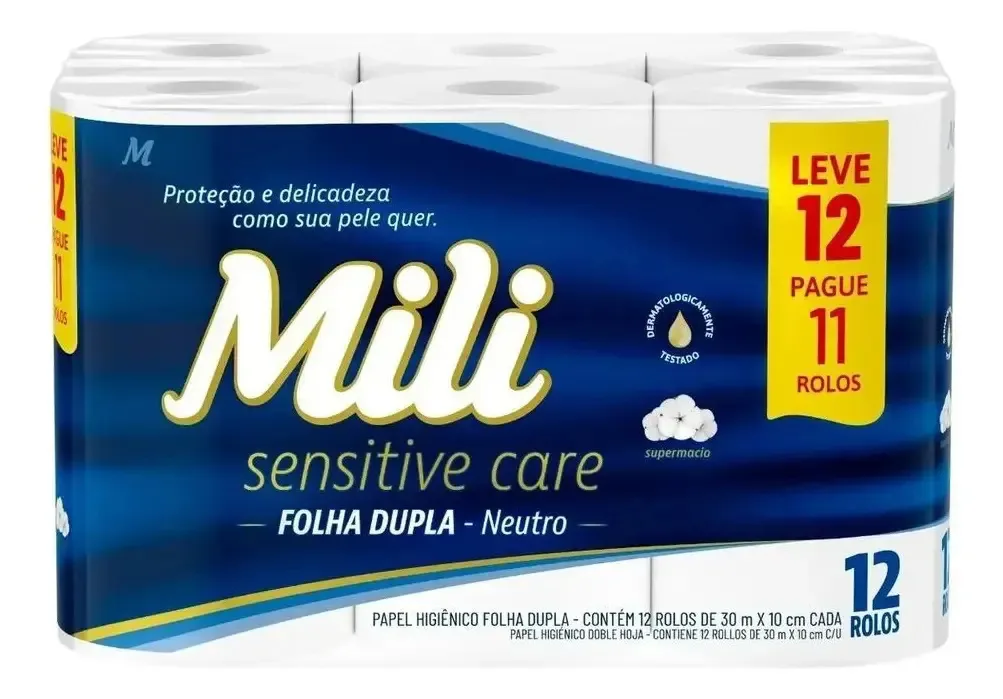 Mili Sensitive Care Folha Dupla 12 Rolos: Toque Macio