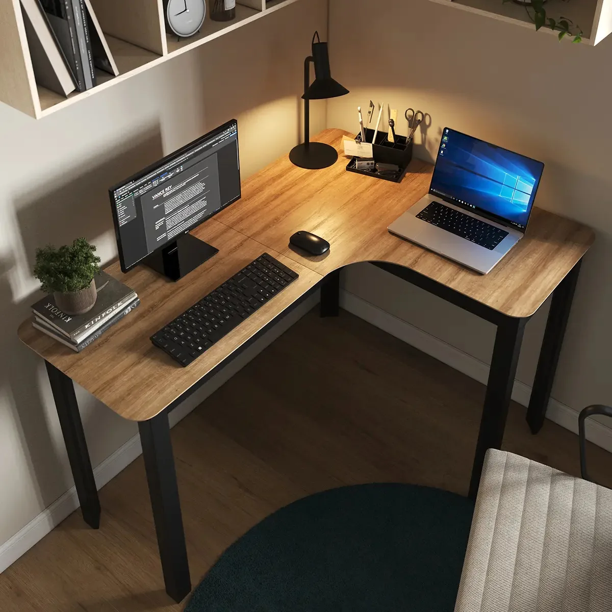 Mesa Curva 120x90 Pc Home Office Estilo Industrial Moderna Lâmina Com Preto