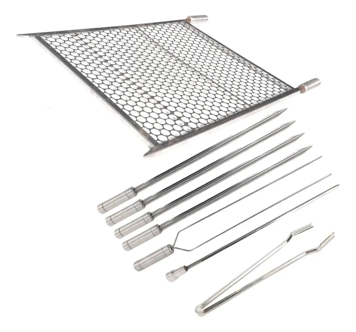 Kit Grelha Inox 60x60 E 6 Espetos E Pegador Carnes Churrasco