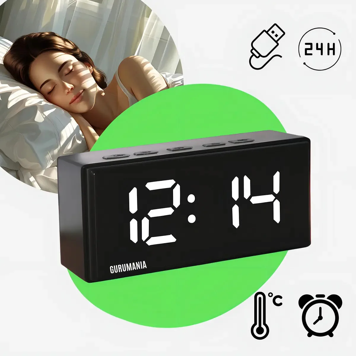 Relógio Despertador Digital de Mesa Led Alarme e Temperatura Gurumania Branco