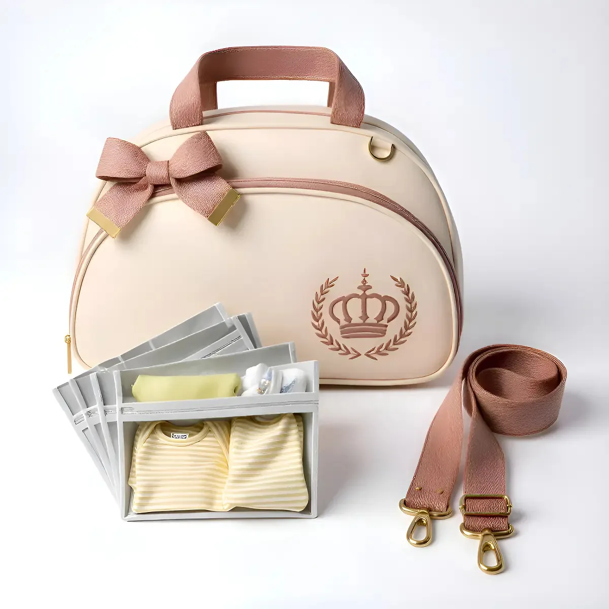 Bolsa Maternidade Com Organizador Kit Bolsa Bebê Com Sacos Rosa/creme Coroa