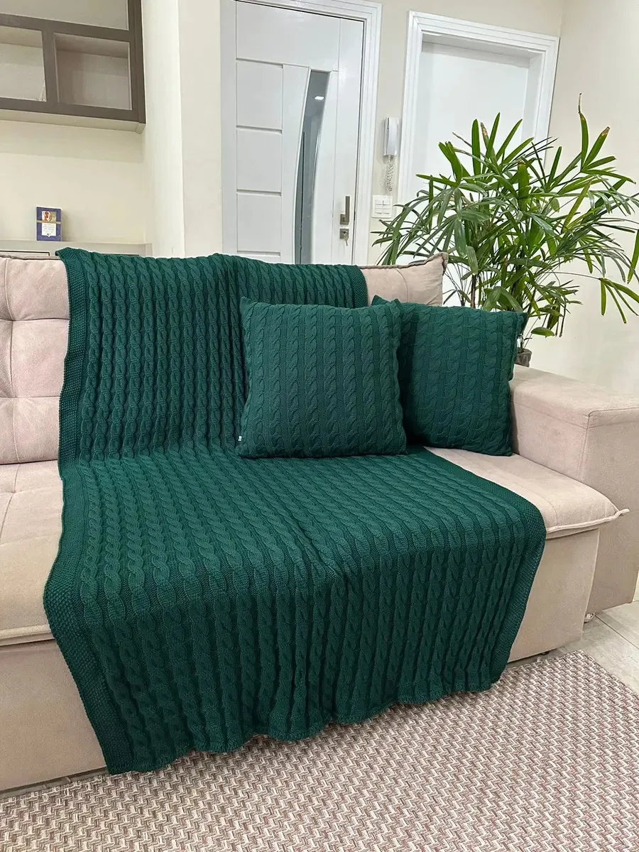 Kit Manta Sofá Tricot Sala 180x110cm + 2 Capas Almofadas Cor Verde-escuro