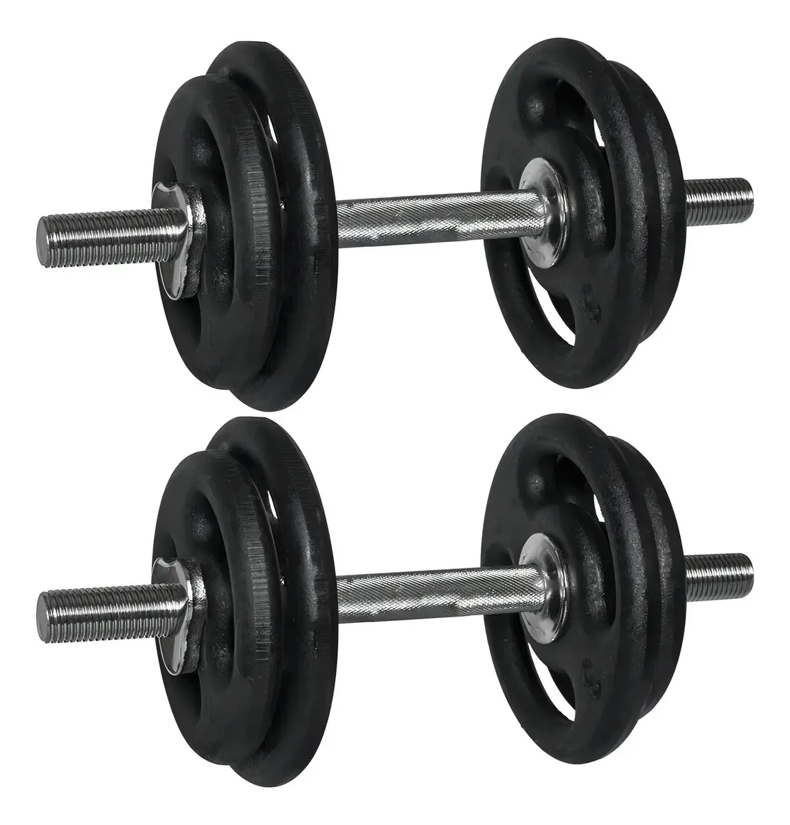 Kit 2 Halteres Barra Roscada + 20kg Anilhas Pintadas Vazadas Cor Preto