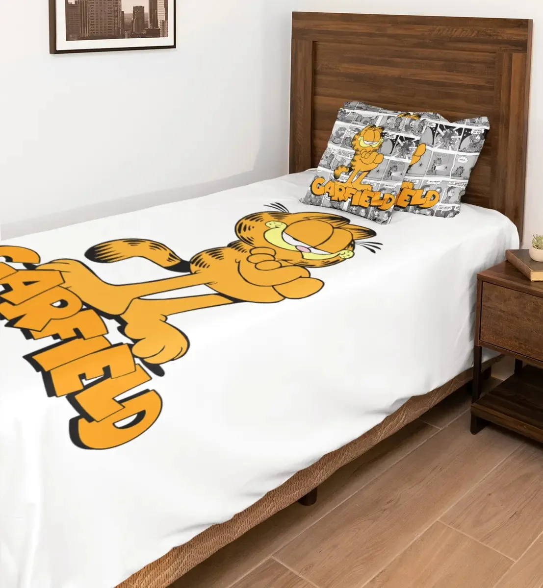 Lençol Sem Elástico Solteiro Garfield Quarto Decorado Cor Branco Desenho Do Tecido Gato