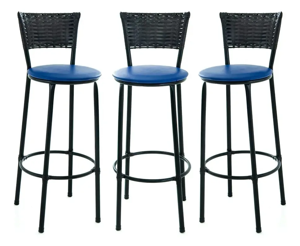 Kit 3 Banqueta Alta Estilo E Conforto Encosto Junco Tabaco Cor Azul