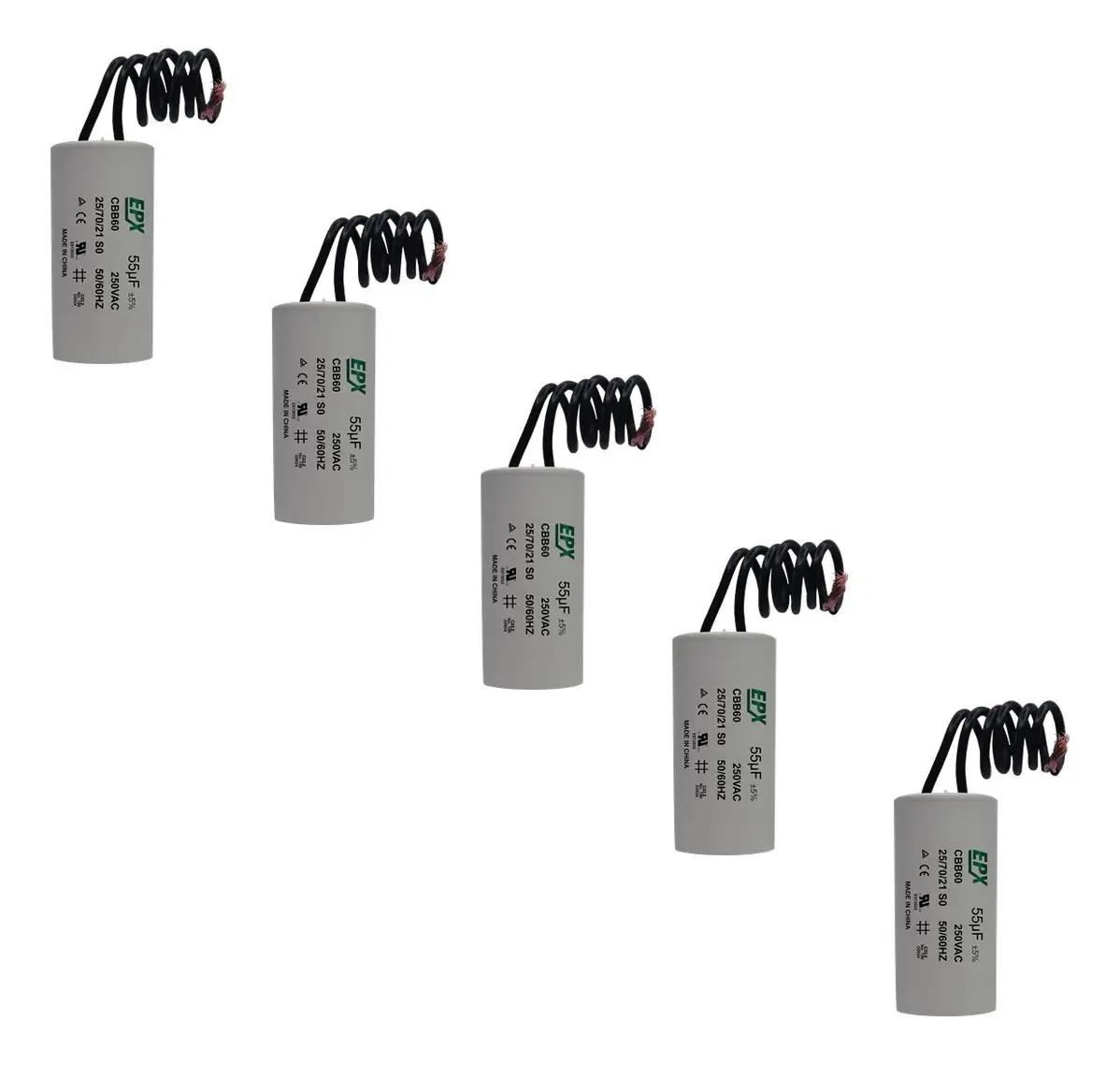 Kit 5 Capacitores Permanentes 55uf 250v 2 Fios Cbb60 Motor