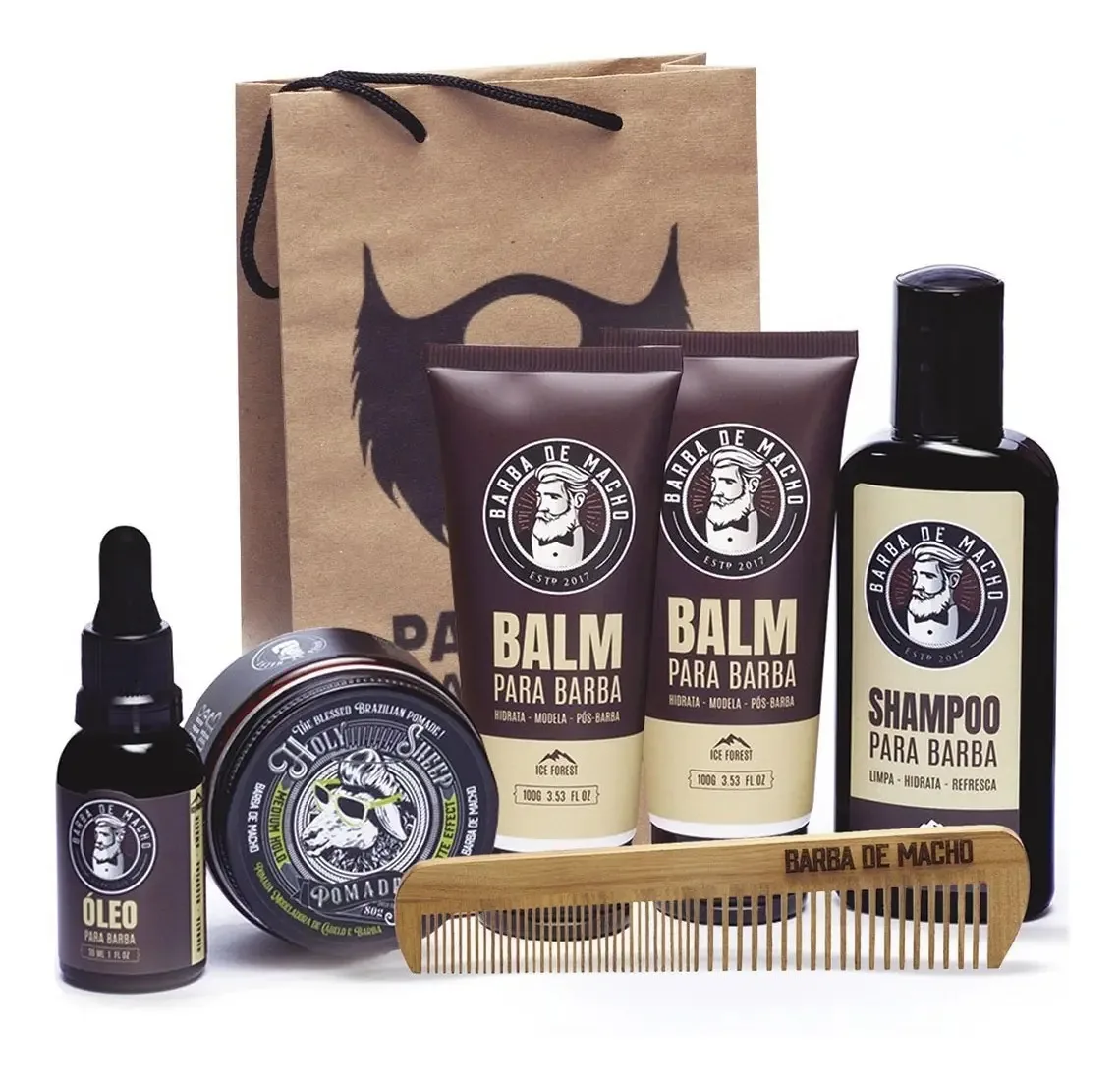 Kit Barba 2 Balm, 1 Óleo, 1 Shampoo E 1 Pente De Madeira