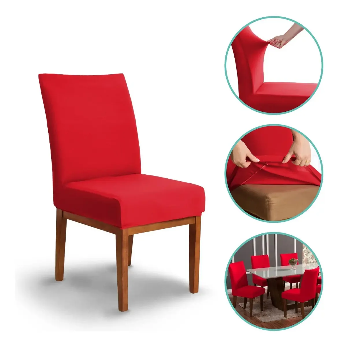 Kit 4 Capas para Cadeira de Jantar Spandex Luxo Vermelho Liso