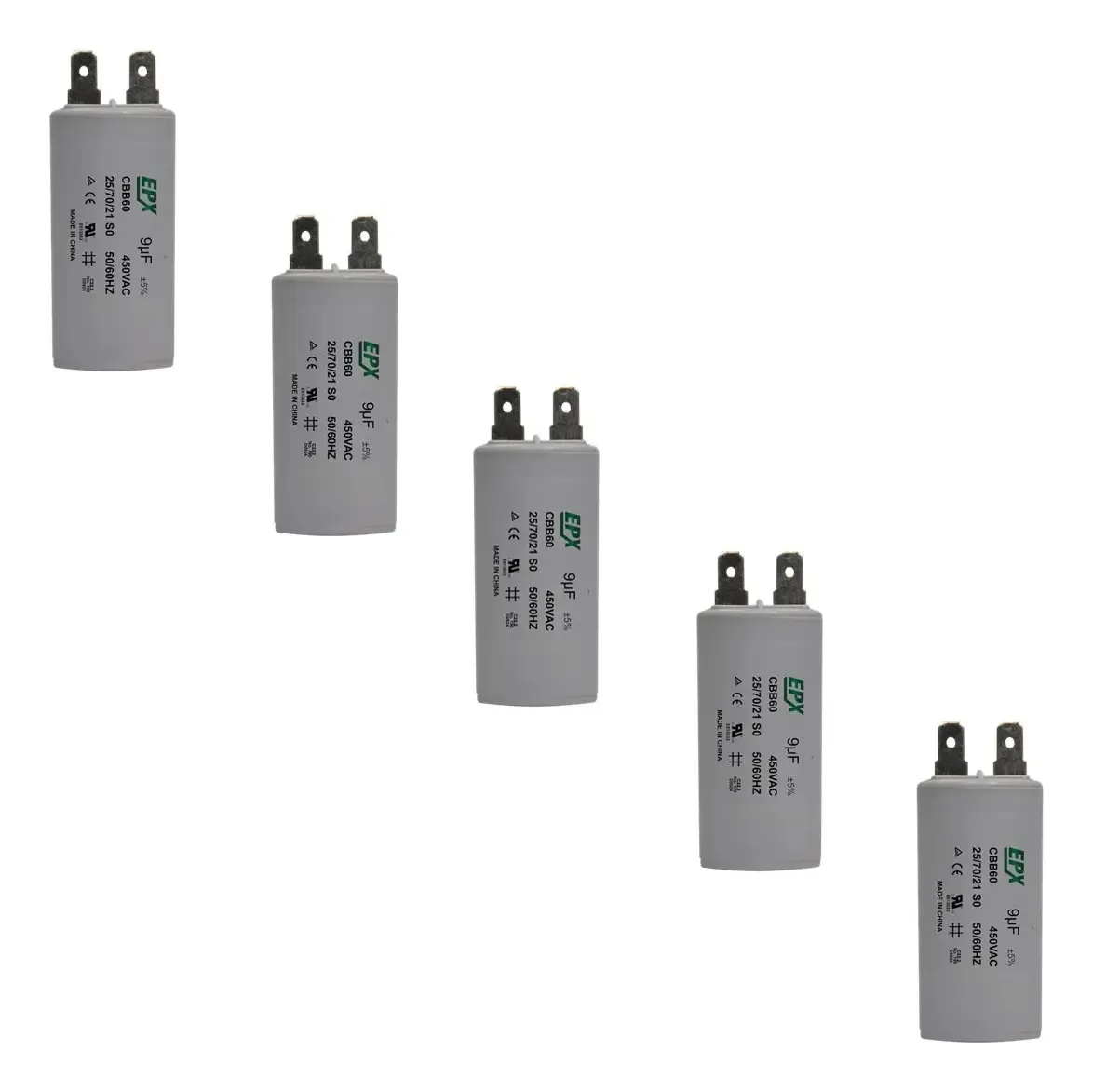 Kit 5 Capacitores Permanentes 9uf 450v Terminal Cbb60 Epx
